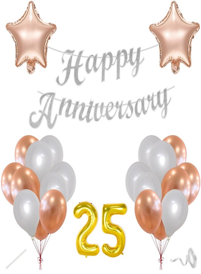 Flyloons 25th Happy Anniversary Decoration Items Rose Gold White for Men Women Husband Wife Parent Home Room With 20 Pcs Metallic Balloons Anniversary Banner 2 Pcs Star Set Kit Silver Jubilee - Image 1